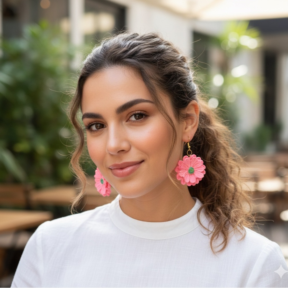 Unique Handmade Polymer Clay Impasto Floral Dangle Earrings in Pink